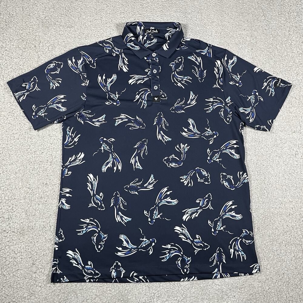 Bad Birdie Polo Mens XL Blue Fish All Over Print Performance Stretch Golf AOP